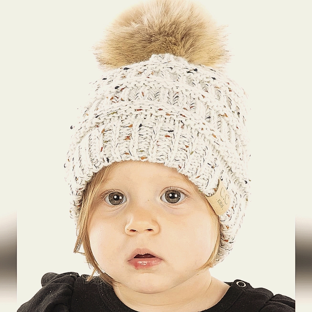 NWT Funky Junque Toddler Cable Knit Pom Winter Hat ivory confetti m-l
